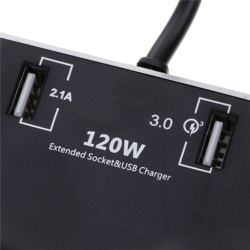 3 Sockets Cigarette Lighter Quick Charge 3.0 Car Charger Splitter Adapter Black
