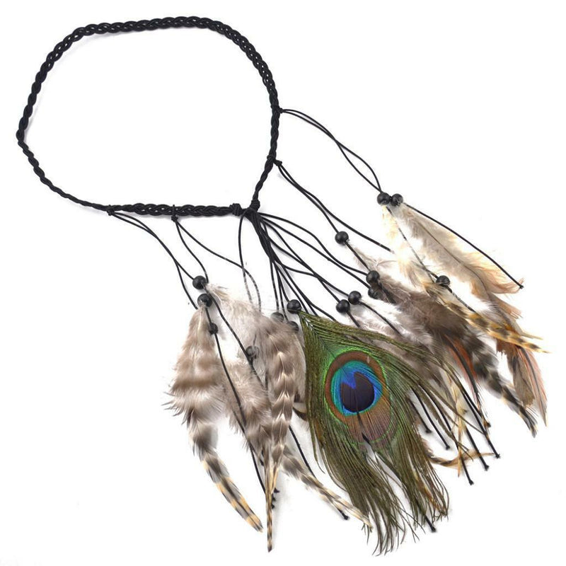 Turban Headband Peacock Hair Rope Feather Headpiece Boho Costume Fancy Dress