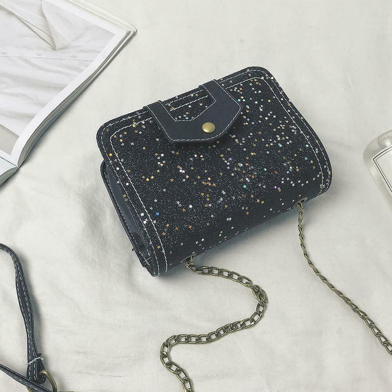 Sequins Bags Leather Splicing Women Shoulder Crossbody Square Bag (Black) A