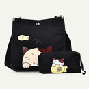 2pcs/set Women Canvas Cat Print Shoulder Crossbody Handbags Pen Bag (Black)