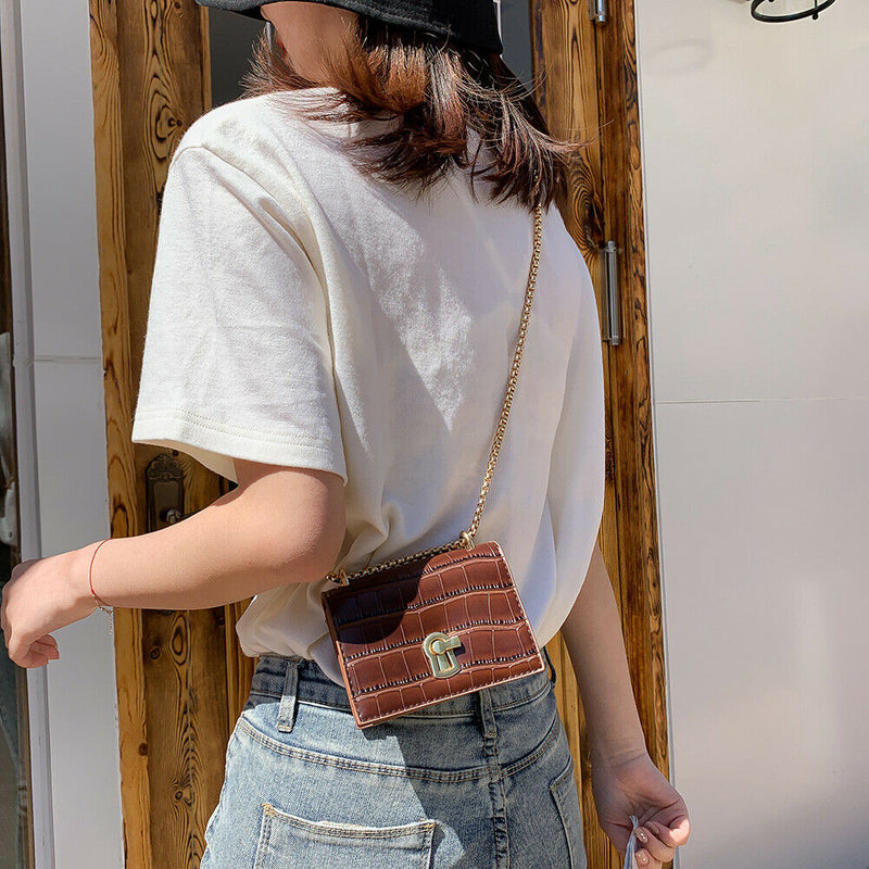 Elegant Women Pure Mini Shoulder Bags Leather Chain Messenger Bag (Brown)