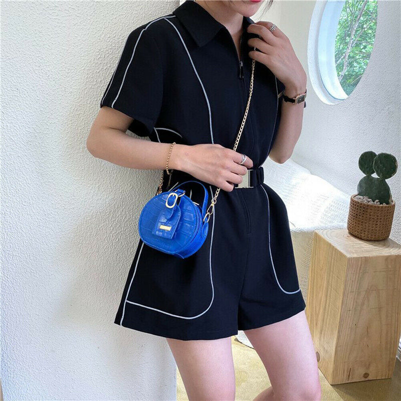 Mini Round Tote Shoulder Bag Women Leather Chain Messenger Purse (3 Blue)
