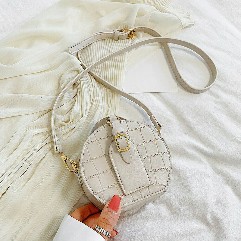 Women Small Round Shoulder Handbag Leather Stone Pattern Totes Bag (Beige) A