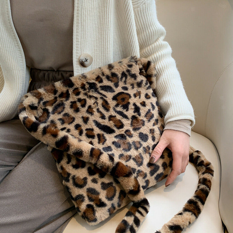 2x Plush Leopard Print Shoulder Bag for