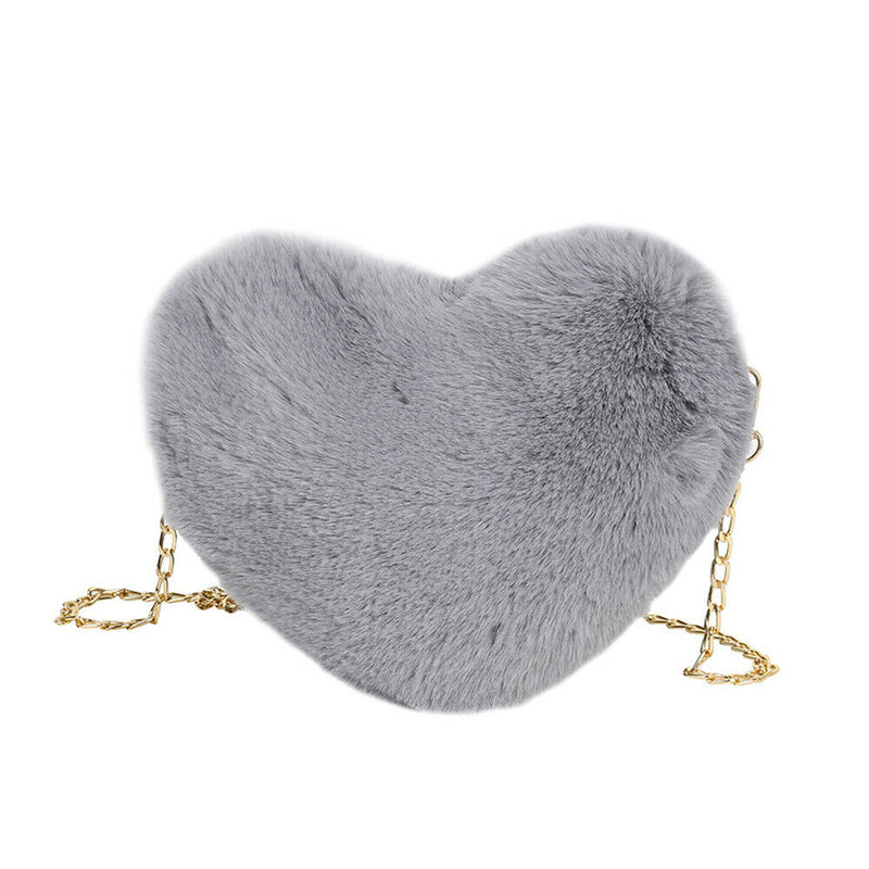 Heart Shaped Messenger Bag Women Girl Plush Shoulder Handbag (Dark Grey)