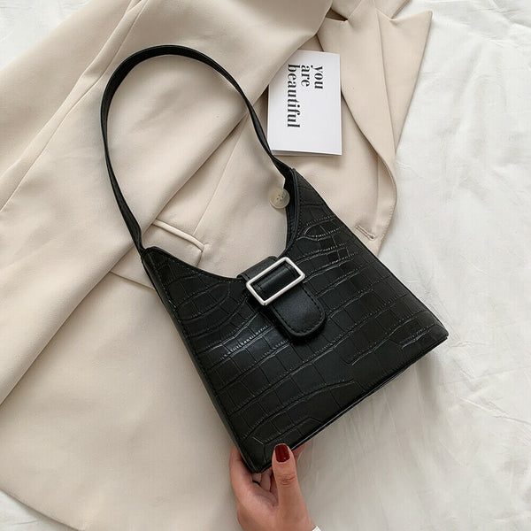Stone Pattern Women Handbag Leather Female Retro Shoulder Tote Bag (Black) A#S