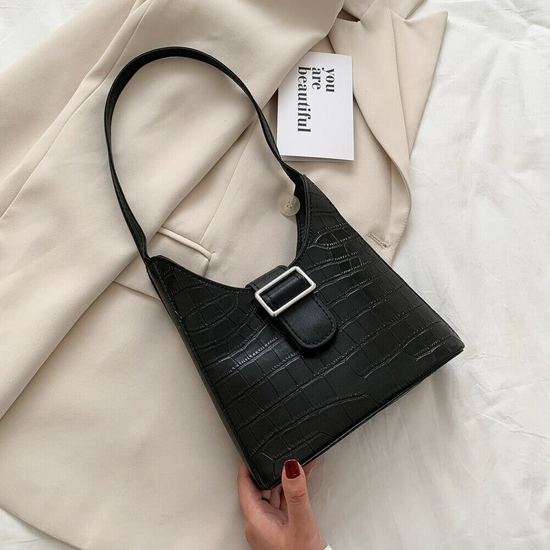 Stone Pattern Women Handbag Leather Female Retro Shoulder Tote Bag (Black) A