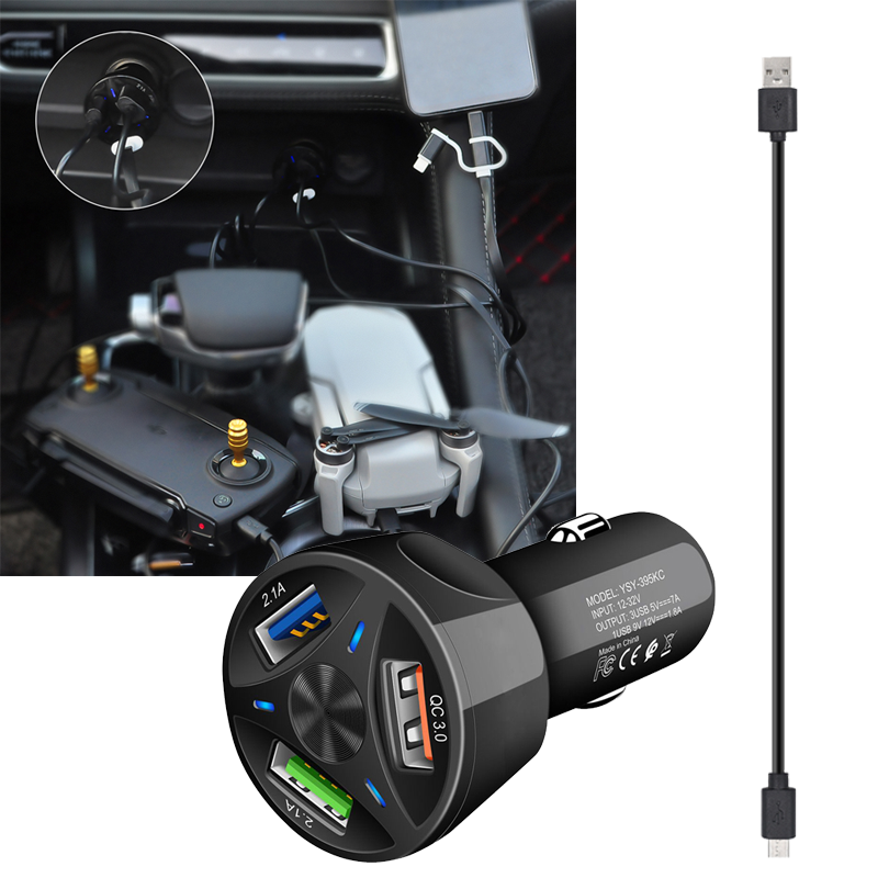 Black 7A Portable 3 USB Ports Car Charger + Charging Cable For DJI Mavic Mini