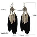 Fashion Leaf Pattern Feather Dangle Rhombus Drop Earrings for Women Black