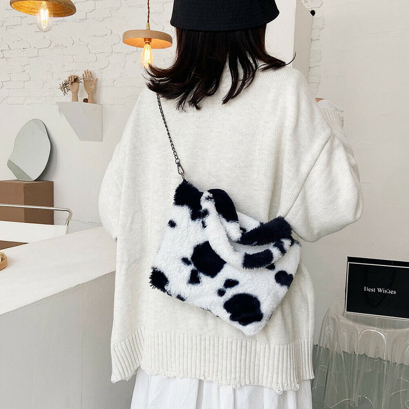 Plush Messenger Bag Women Winter Fashion Shoulder Fluffy Handbag (Black)