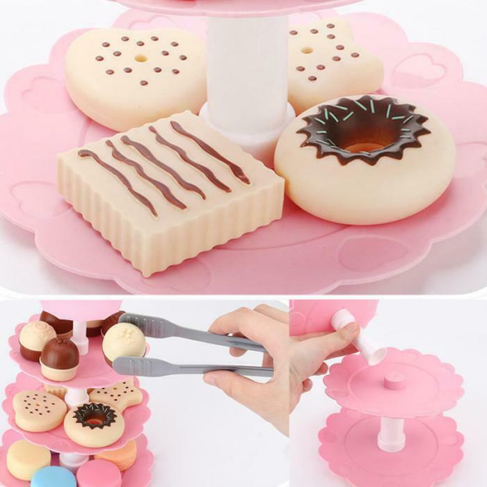 17PCS Girl Pink Cake Tower Mini Cookie Food Set Plastic Kitchen Toys Kids P F3A4