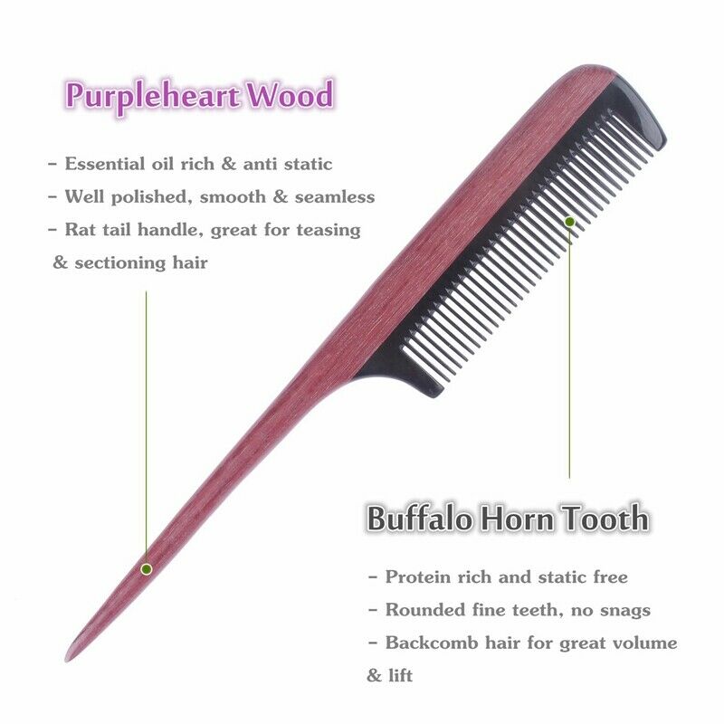 Hair Combs - Fine Tooth Wooden Tail Comb - No Static Purpleheart Wood Comb  S4Z3
