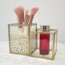 Clear Glass Makeup Brush Holder Organizer Storage Case Box 2 Slot Golden Frame