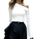 White Female T-Shirt Off Shoulder Slash Neck Sexy Top Split Long Sleeve Wom