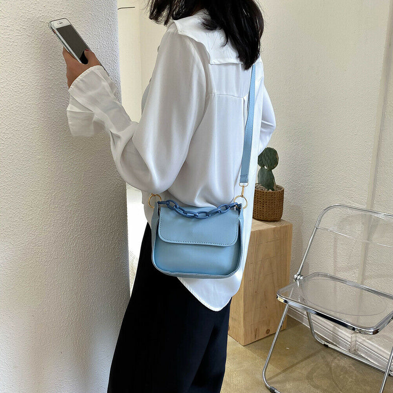 Solid PU Shoulder Bag Women Acrylic Chain Crossbody Small Handbag (Blue)