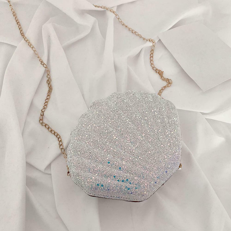 Cute Sequin Shoulder Handbags Women Small Chain Shell Crossbody Bag (White)