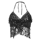 Women Belly Dance Costume Halter Top Bra Sequined Tassel Dance Costume BLACK