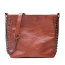 Leather Messenger Bag Women Rivet Chain Shoulder Crossbody Bag (Dark Brown) A