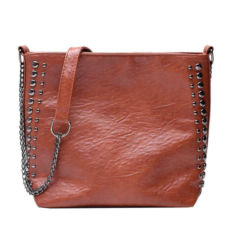 Leather Messenger Bag Women Rivet Chain Shoulder Crossbody Bag (Dark Brown) A