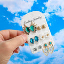 6 Pairs Retro Flower Leaf Stud Earrings Ethnic Turquoise Statement Jewelry Gift