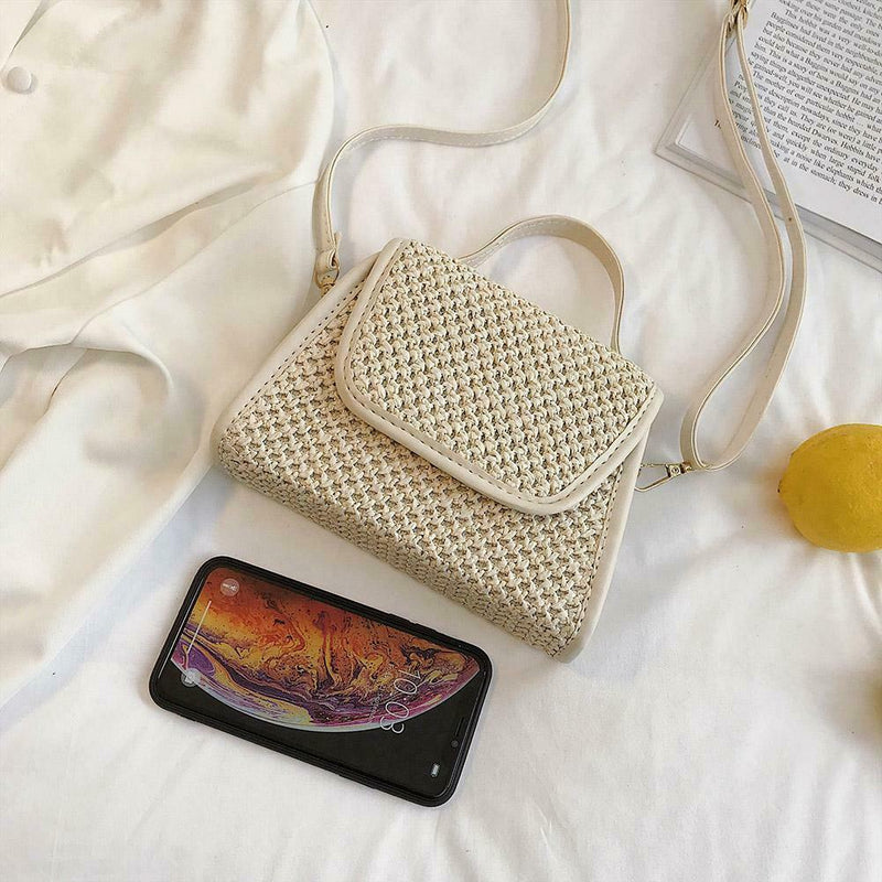 Retro Hit Color Shoulder Handbags Women Flap Woven Crossbody Bags (Beige)