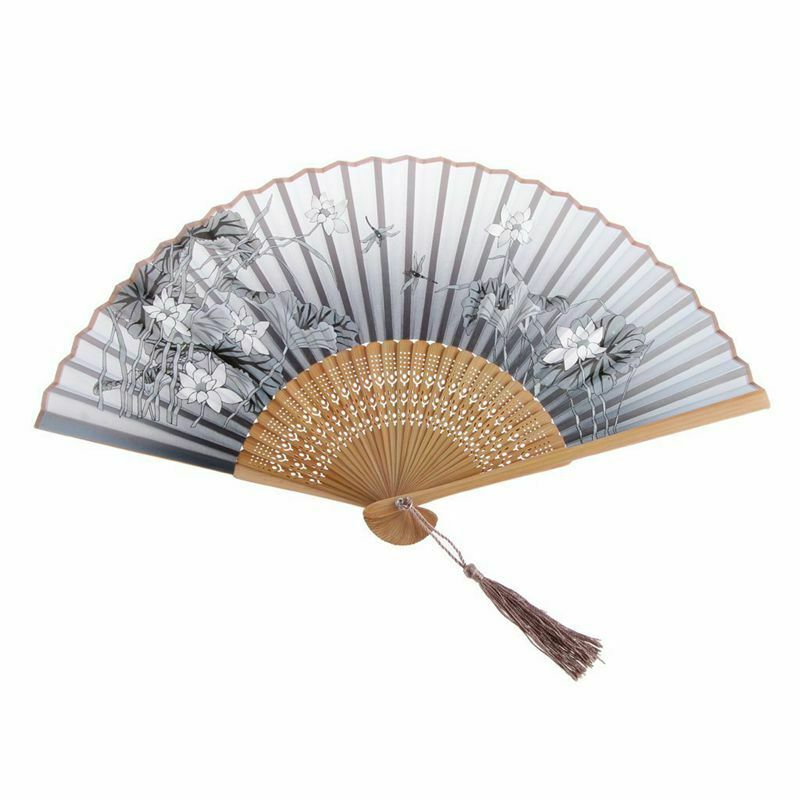 Silk hand fan Lotus folding fan bamboo-gray U3E5