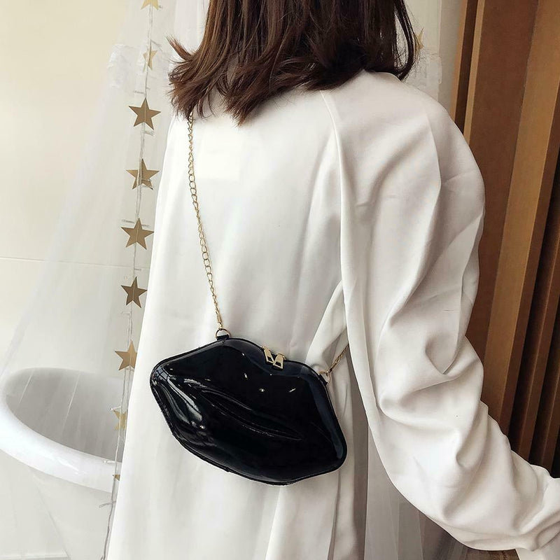 Lips Women PVC Handbags Chain Messenger Bags Shoulder Party Clutch (Black)
