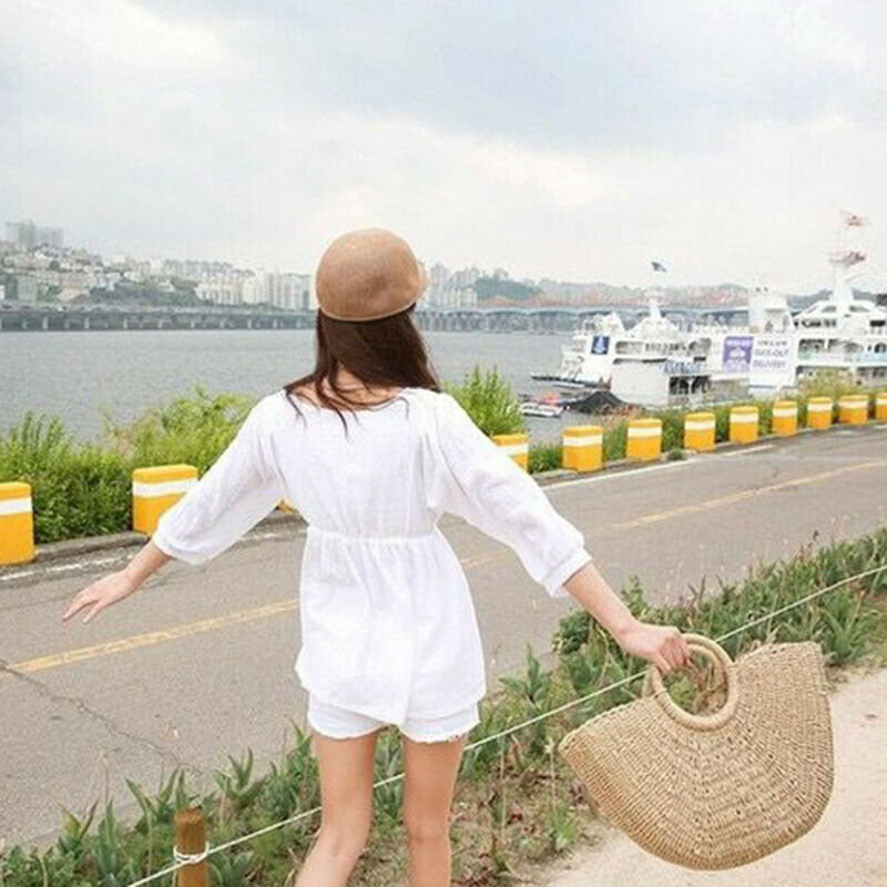 Summer Handmade Bags Women Pompon Beach Weaving Ladies Straw Bag Wrapped Be U5L7