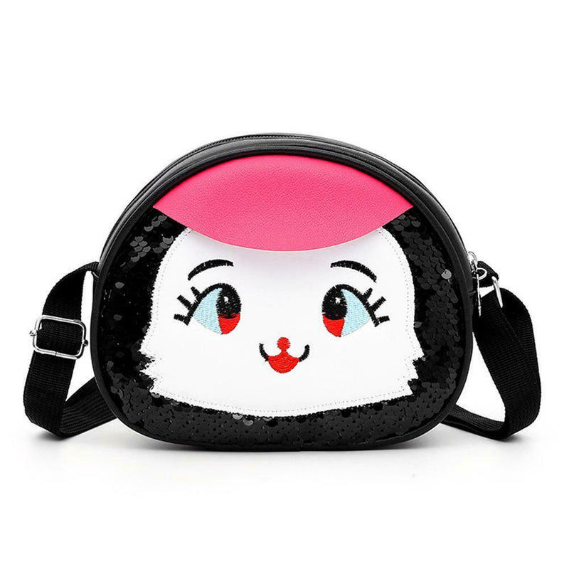 Cartoon Print Bag Girl Kids Sequins Shoulder Messenger Leather Bags (Black) A