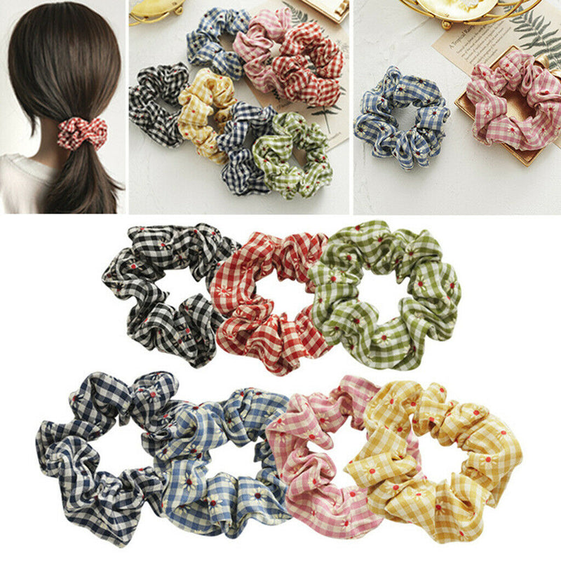 6Pieces Daisy Hair Scrunchies Cotton Flower  Hair Scrunchies Plaid Elastic Hair