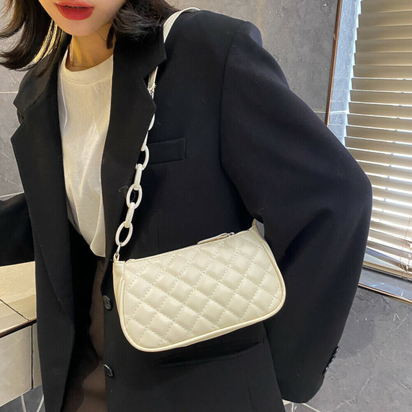 Fashion Lattice Pattern Women Handbag Chain Shoulder Underarm Bag (White)