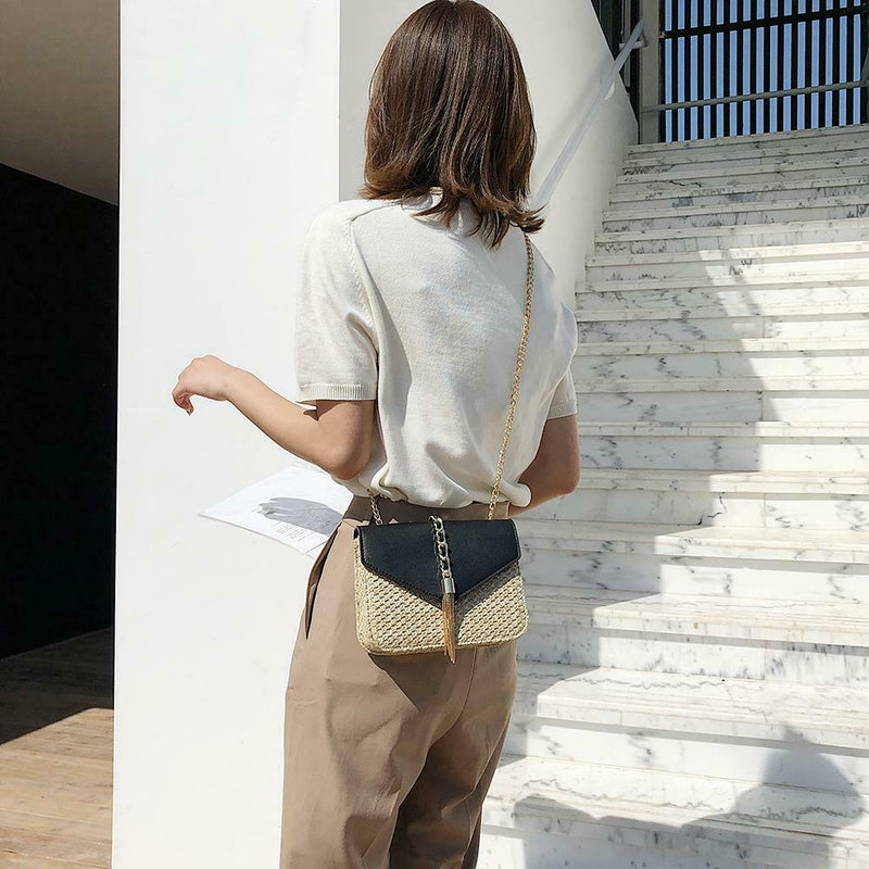Straw Leather Women Messenger Bag Small Flap Purse Shoulder Handbag (Black)