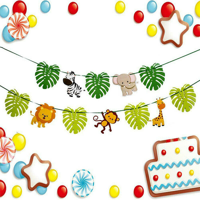 Animal Cartoon Animal Jungle Leaf Theme Bunting Birthday Banner Party Decor FT