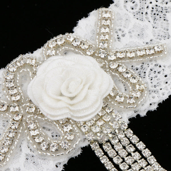 Wedding Garter Flower Applique Keepsake Throwaway Rhinestone Lace Thigh Ring