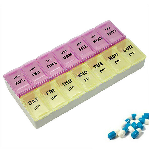 High Quality Light Yellow+Light Purple 14 Slots 7 Day Tablet Pill Storage Box