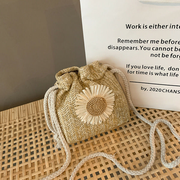 Women Straw Bucket Shoulder Bags Flower Drawstring Crossbody Pouch (Khaki)