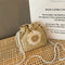 Women Straw Bucket Shoulder Bags Flower Drawstring Crossbody Pouch (Khaki)