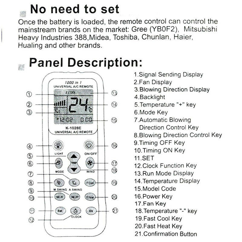 Universal Remote Control Controller For Air Conditioner HW-1028E Universal BX