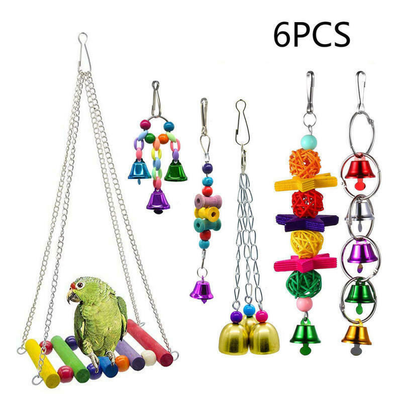 6Pcs Pet Bird Parrot Bite Toys Set Swing Claw ball Bell string Hanging Toys