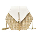 Hex-shape Straw+PU Shoulder Handbags Beach Women Top-handle Bags (White) SN9F