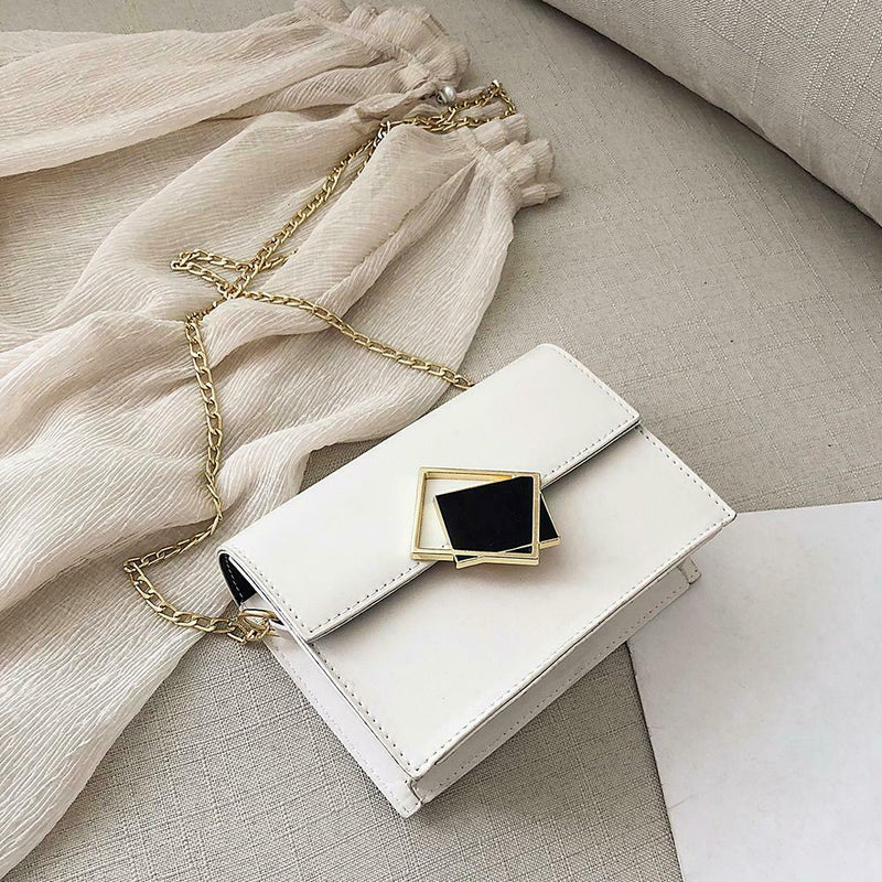 Solid Color Chain Shoulder Handbags Women PU Leather Crossbody Bags (White)