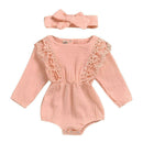2pcs Clothes Set Baby Kids Girls Solid Color Rompers+Headband (Pink 12-18M) A