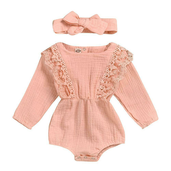2pcs Clothes Set Baby Kids Girls Solid Color Rompers+Headband (Pink 12-18M) A#S