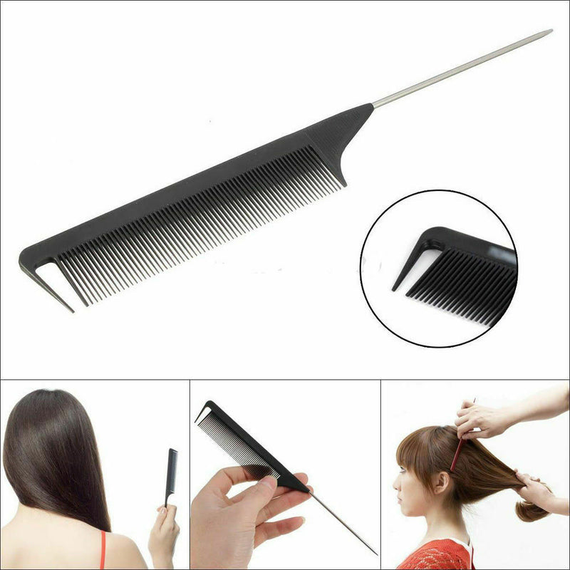 Black 22cm Useful Fine-tooth Metal Pin Hairdressing Hair Style Rat Tail Comb UK^