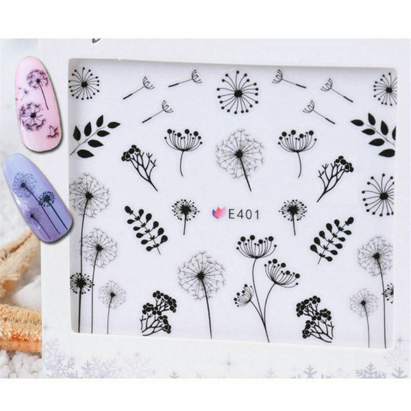 2X Nail Art Water Transfers Decals Stickers Black Dandelions Floral Gel Polish