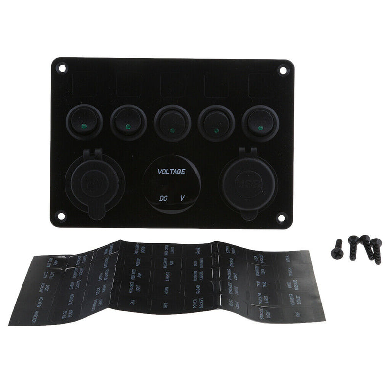 Green LED Dual USB Port Charger Voltmeter 5 Gang Toggle Switch Panel Black