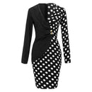 Wave Point Women Long Sleeve Lapel Stitching Formal Dress (Black M) A