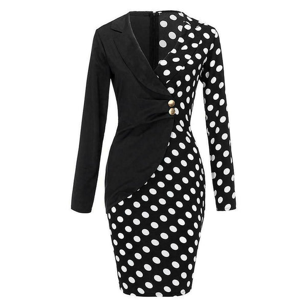 Wave Point Women Long Sleeve Lapel Stitching Formal Dress (Black M) A#S