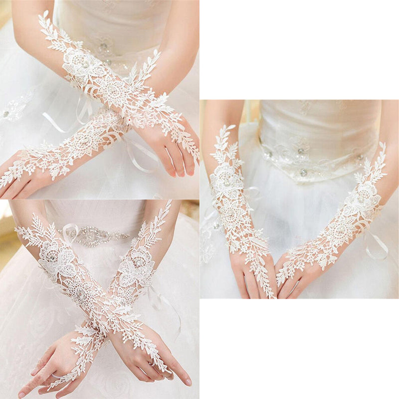 Crystal White Lace Bridal Glove Wedding Party Pageant Long Gloves Fingerless FT