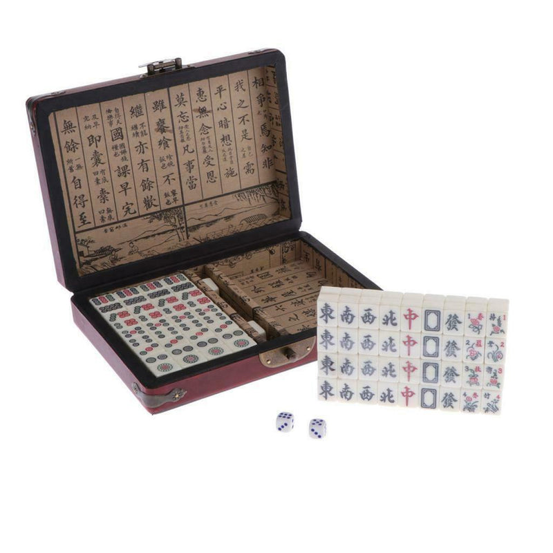 Mahjong Set, Mini Classic Tiles with Portable Wooden Case - Traditional Game